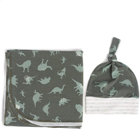 Set Baby Boy Receiving Blanket Swaddle Blanket Newborn Wrap Sack Headband -Dinosaur Pattern (Green)