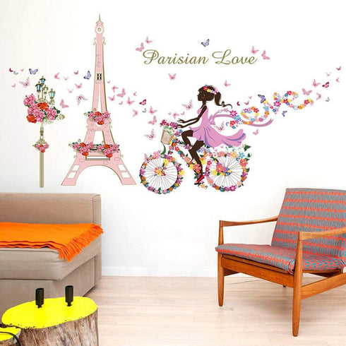 Girl Bicycle Wall Stickers, Flowers Eiffel Tower Wall Decals Mural for Kids Bedroom Living Room