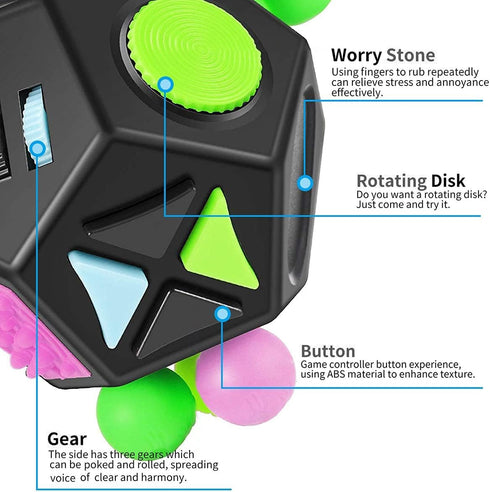 12 Sided Fidget Cube Toys, Stress Relief for Kids and Adults with ADD, OCD, ADHD, Autism (Black / B2)