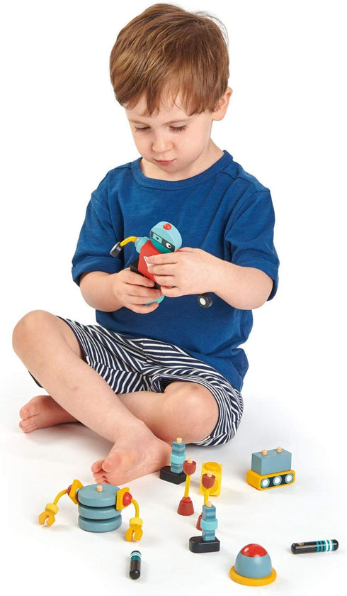 17 Set 3 3+ Tender Leaf Toys - Robot Construction - Pieces Wooden Construction to Build and Stack Robot in Endless
