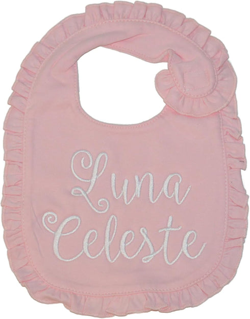 set Personalized Baby Girl Pink Ruffle Bib and Burp Cloth with First and Middle Name in Script Font