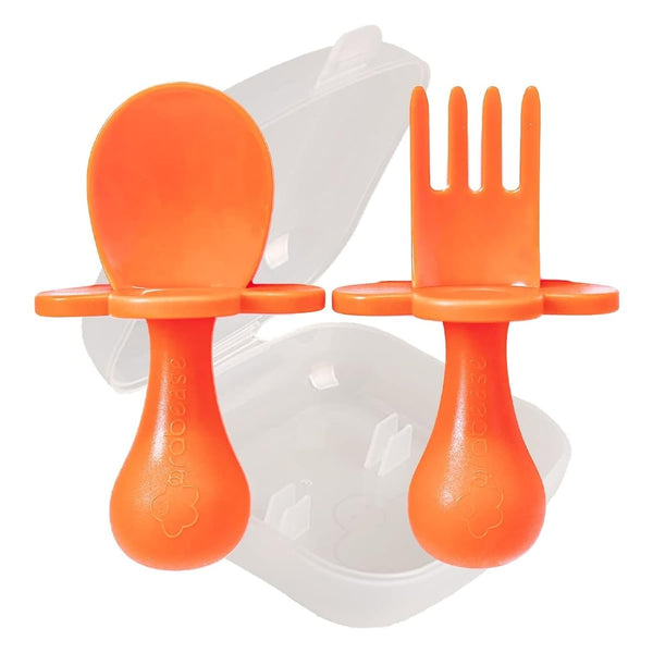 Grabease Baby Fork and Spoon Set, BPA-Free Self-Feeding Cutlery for Toddlers, Orange Utensils