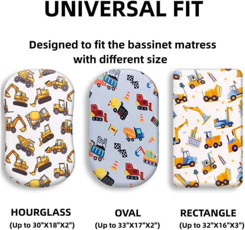 FIGEPO 4 Pack Set Baby Boy Bassinet Sheets Soft Fitted Baby Boy Mattress Covers Construction Truck or Dinosaur Theme
