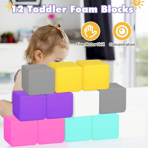 Foam Blocks for Toddlers, Colorful Soft Building Blocks for Kids, 12 Pieces