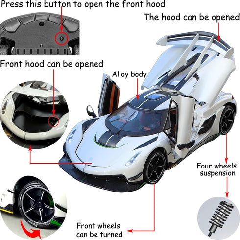Toy Cars Model Koenigsegg Jesko, 1/24 White Alloy Die-cast Vehicle with Sound and Light