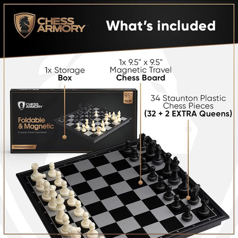 9.5 Inches Set 2 Chess Armory Magnetic Travel Chess - Folding Board with Storage Box & Extra Queen.