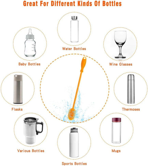 Silicone Bottle Cleaner with Long Handle, 12.5" Water Bottle Cleaning Brush for Baby Bottles, Hydro Flask, Sports