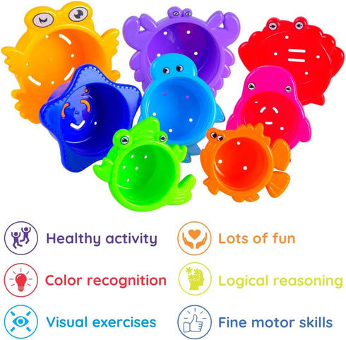 Baby Bath Toy - Beach Stacking Cups for Boys and Girls - 8 pcs Bath Tub Toys for Toddlers