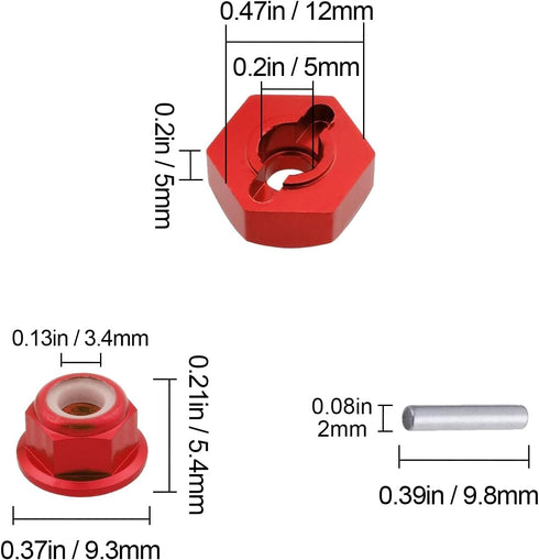 HobbyPark Aluminum 12mm Wheel Hex Nuts & M4 Lock Nuts for 1/10 Scale RC Car Truck Crawler Buggy (8-Pack, Red)