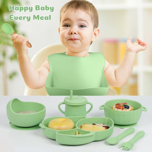 mraisebossup Set 15 Silicone Baby Feeding PcsBaby Spoons Suction Bowl Divided Plate Bib Cup Finger Brush Training