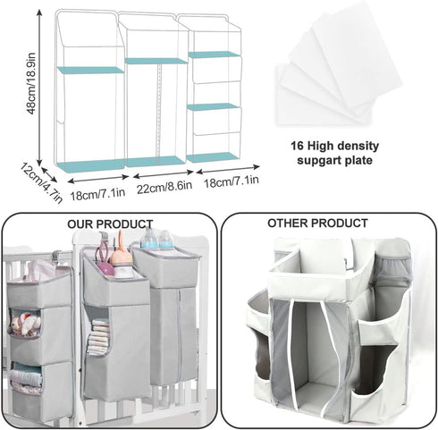 Hanging Diaper Caddy Organizer for Baby Crib - 3-in-1 Portable Diaper Stacker for Nursery Storage (Light Grey)