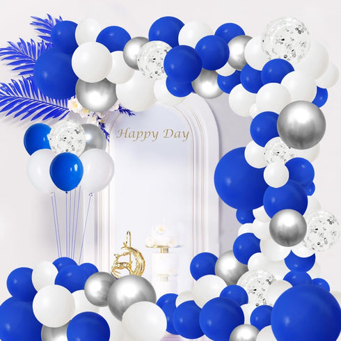 Blue White Silver Balloon Arch Garland Kit, 122pcs Royal Blue White Metallic Silver Balloons for Birthday Engagement