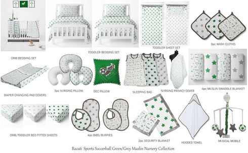 Set 3 (3 Pack Bacati - Sports Muslin of Wash Cloths or Hooded Towel Washcloths, Soccerball Green/Grey)