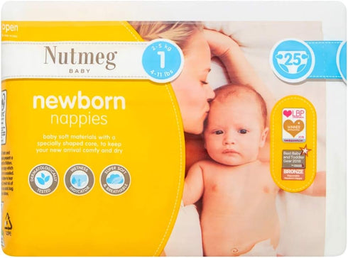 Nutmeg Baby Newborn Size 1 2-5kg/4-11lbs 25 Nappies