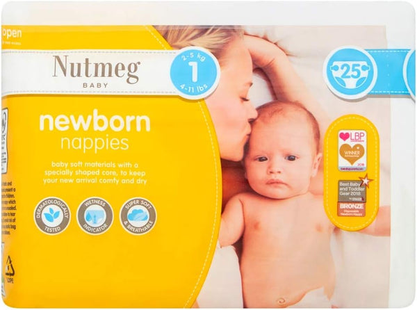 Nutmeg Baby Newborn Size 1 2-5kg/4-11lbs 25 Nappies