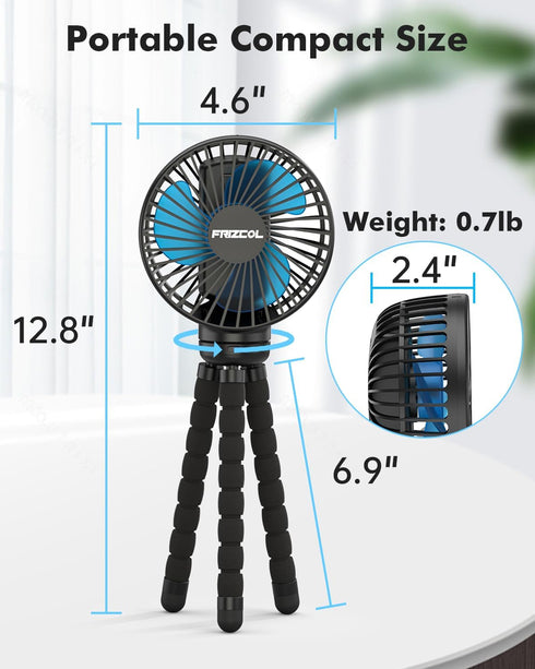 FRIZCOL Stroller Fan for Baby - Portable Rechargeable Fan, Battery Operated for Handheld/Clip On/Car Seat/Camping