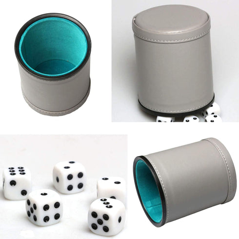 Set 16mm Leatherette Dice Cup Felt Lined with Dot Dices Shaker for Yahtzee Bar Party Dice Games - Grey