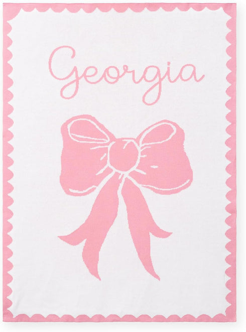 Personalized Name Knit Baby Blanket Custom Woven Bow Design Soft Minimal Comfort