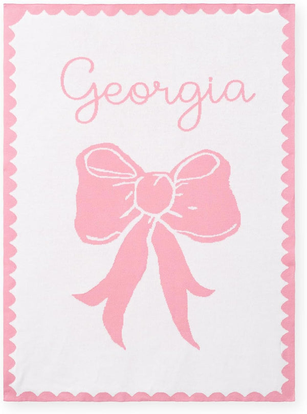 Personalized Name Knit Baby Blanket Custom Woven Bow Design Soft Minimal Comfort