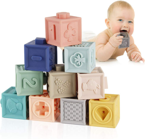 Mini Tudou Baby Blocks Soft Building Blocks, Educational Squeeze Play Toys with Numbers, Animals, Shapes, 12PCS for 6