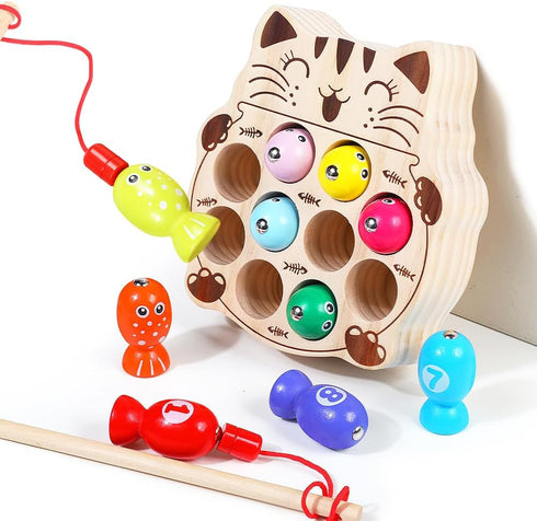 Toddler Montessori Toy Wooden Fishing Game for Kids 1-3 Years Old, Educational Hand Eye Coordination Skill Activity for