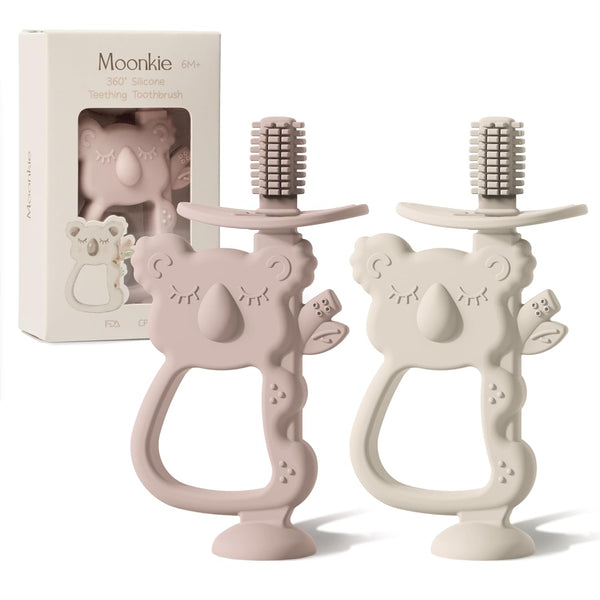 Moonkie Teething Toy Set of 2, BPA Free Silicone Teethers, 360° Baby Toothbrush with Suction Base