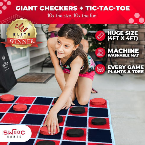 SWOOC Games 2-in-1 Vintage Giant Checkers & Tic Tac Toe Game with Mat, 100% Machine-Washable Canvas