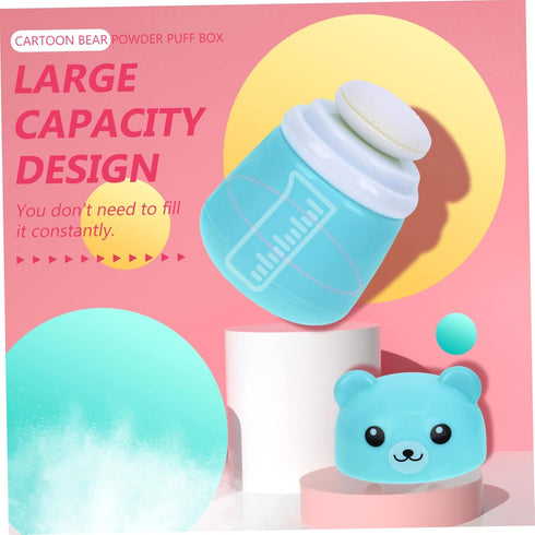 HAKIDZEL Baby Powder Puff Box Adorable Bear Design Blue Case Newborn to Adult Non-spill Dispenser