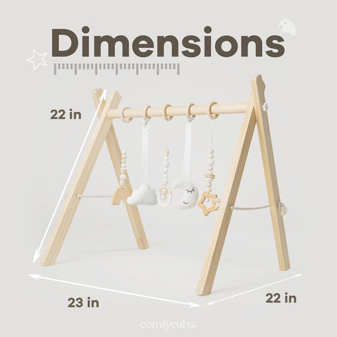 5 Comfy Cubs Wooden Baby Play Gym - Natural Finish Pinewood Baby Activity Gym with Sensory Hanging Toys - Easy No-Tool