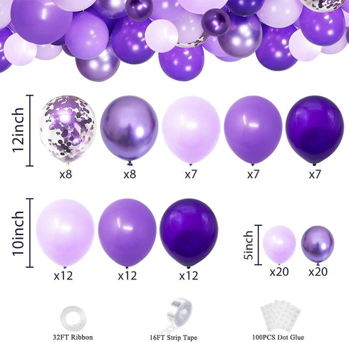 Purple Shades Balloons Garland Arch Kit, 116Pcs 5"/10"/12" Dark Pastel Light Metallic Confetti Balloons for Party