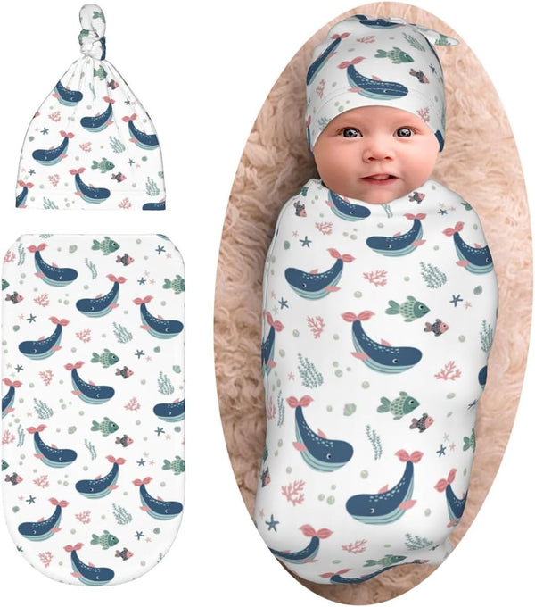 Sozzjile Cute Whale Baby Stuff Swaddle Blanket with Beanie Set, Fishes Ocean Newborn
