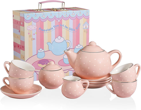 Sweejar Porcelain Tea Set for Little Girls, Kitchen Toys Tea Party Set, Includes Teapot, Cup & Saucer Set of 4