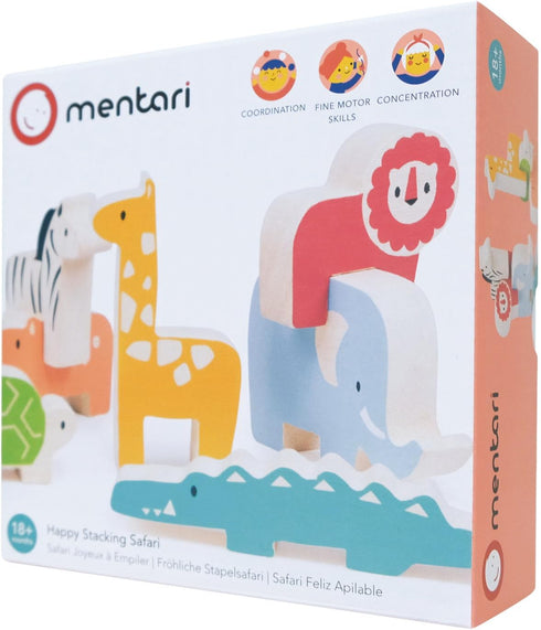 Happy Stacking Safari – 7pc Wooden Stacking Toy for Toddlers – Colorful Balancing Activity Toy with Bag