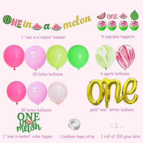 Watermelon First Birthday Party Supplies, One in a Melon Banner, Cake Topper, Balloon Garland Arch for Girl