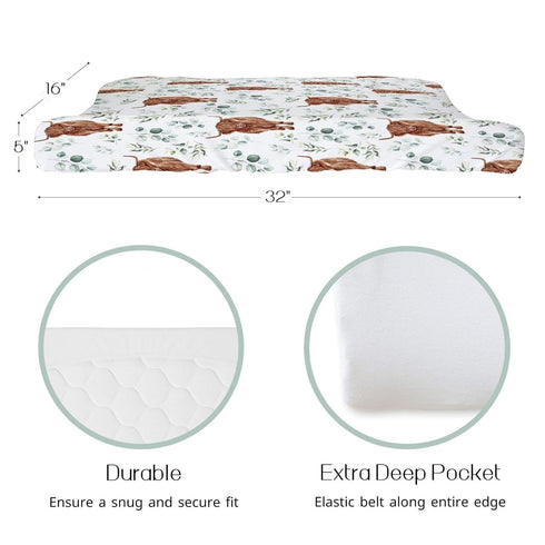 Highland Cow Eucalyptus Leaf Changing Pad Cover for Baby Girl Boy, Natural Western Farm Animal Diaper Change Table Covers, Soft Stretchy Safe Snug Fitted Changing Mat Sheet Fit 32"/34" x 16"