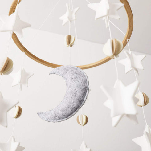 Baby Crib Mobile - Moon & Stars in Grey, White & Cream - Unisex Nursery Decoration