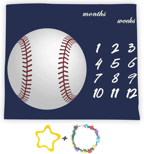 Baseball Theme Baby Monthly Milestone Blanket, 48x40in Age Growth Tracker, Baby Shower Nursery Blanket