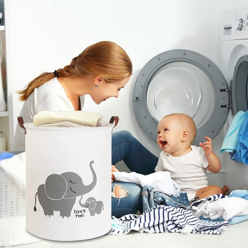 CLOCOR Collapsible Round Storage Bin, Large Storage Basket, Clothes Laundry Hamper, Toy Storage Bin (Love Elephant)
