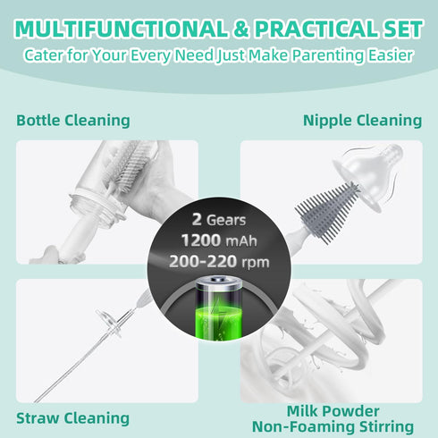Set 2 360 Electric Bottle Brush,Electric Baby Bottle Brush with Silicone Bottle/Pacifier/Straw Brush and Mixing Head