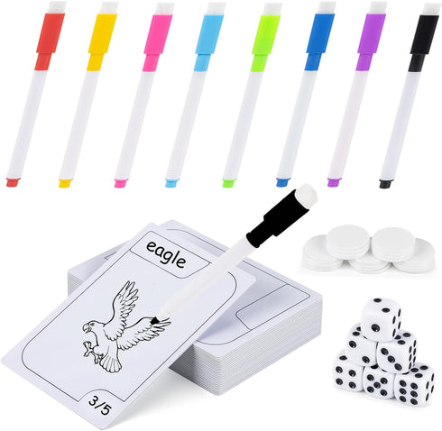 24 Pcs Reusable Erasable Cards - Multifunctional Tokens, White Blank Flash Cards & 8 Marker Pens