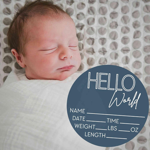 Hello World Newborn Sign - Baby Name Birth Announcement Plaque for Hospital - Photo Prop - Blue Nursery Decor - Shower