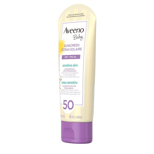 50, 88 mL Aveeno Baby Mineral Sunscreen Lotion SPF with Zinc Oxide Active Naturals for Sensitive Skin, Travel Size