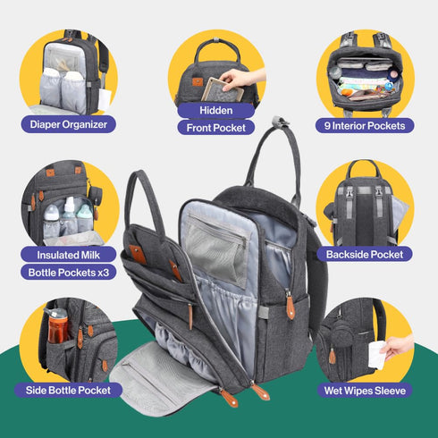 BabbleRoo Diaper Bag Backpack - Waterproof Multi-Function Baby Tote with Changing Pad