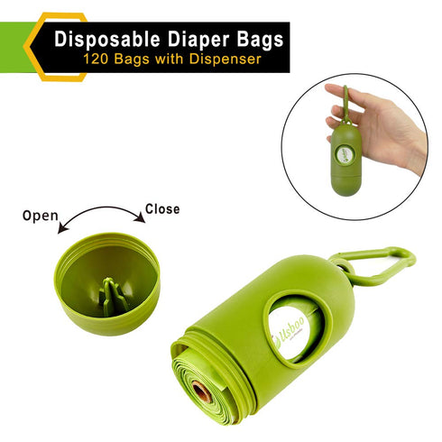Baby Disposable Diaper Bags, Waste Bags 8 Refill Rolls/120 Bags with Dispenser, Convenient and Quick Diaper Disposal,