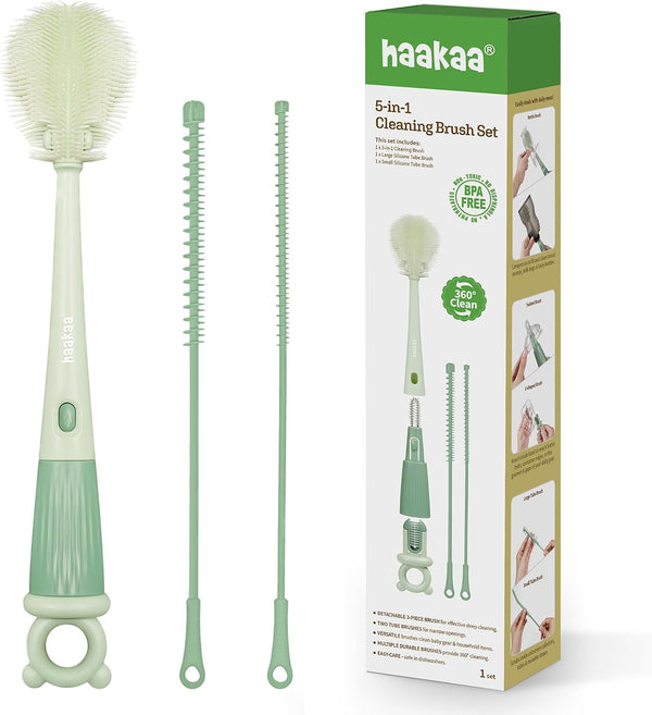 Haakaa 5-in-1 Cleaning Brush Set Baby Bottle Brush & Bottle Brush Cleaner,
