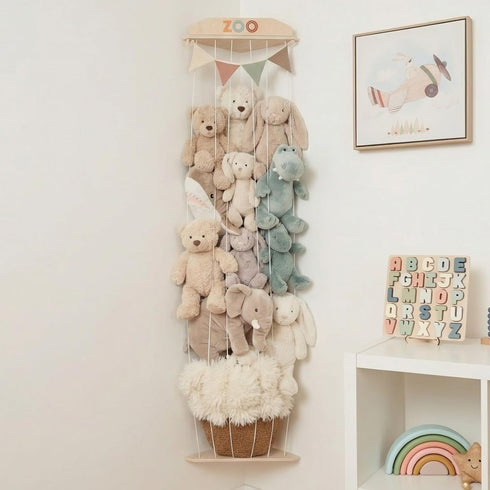 Stuffed Animal Storage Zoo with Decorative Muslin Garland - Cute Wooden Toy Storage Organizer for Kids Playroom