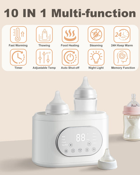 10-in-1 Bottle Warmer, Fast Baby Bottle Warmer for Breastmilk & Formula, Double Milk Warmer with Timer, Accurate Temp