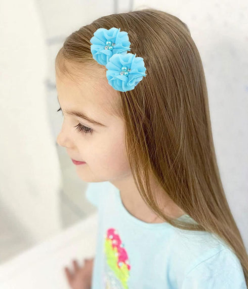 inSowni 2" Alligator Hair Clips - Barrettes with Chiffon Flower Bow and Rhinestone Pearl for Baby Girl