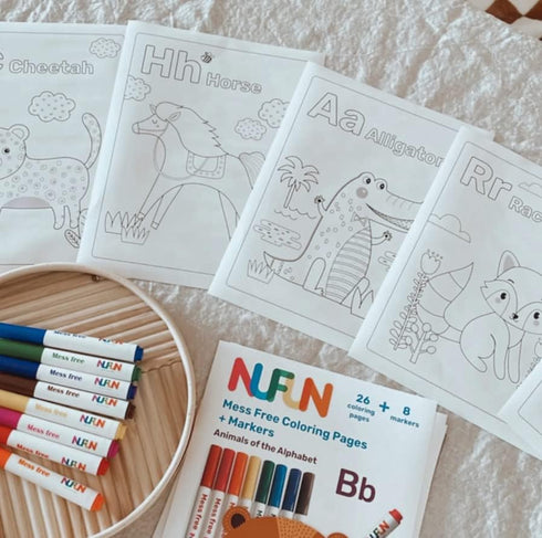 NuFun Activities Mess Free Coloring Set - Animals of The Alphabet, Gift for Toddlers with 26 Preprinted Pages