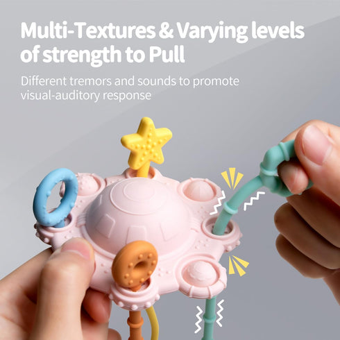 Montessori Toys Pull String Toys for Baby - 100% Food Grade Silicone with Built-in Rattle Function (Pink)